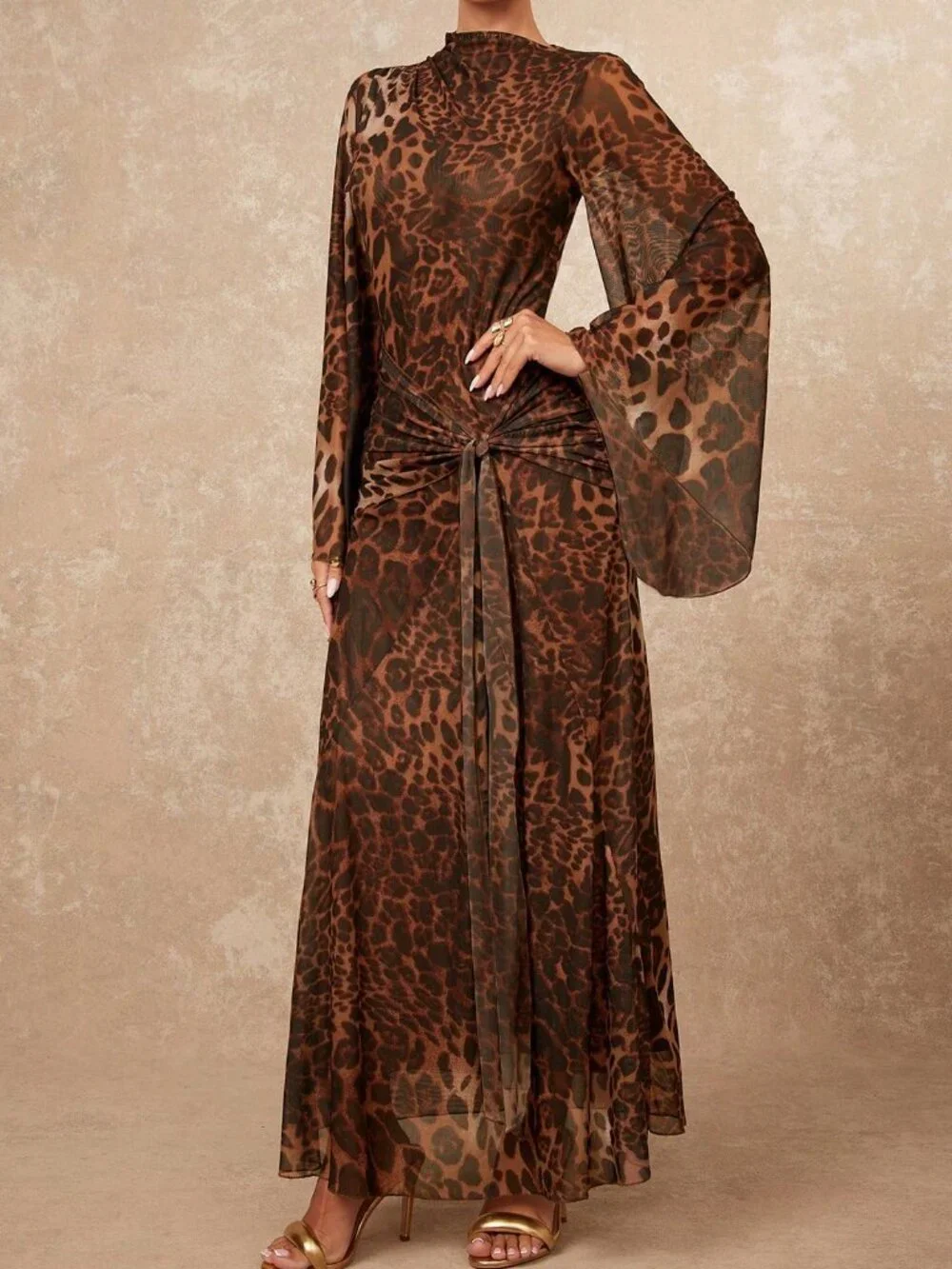 Coffee Brown Elegant Women's Leopard Print Oversized Sheer Tie-Up Maxi Dress - Picture 6 of 6